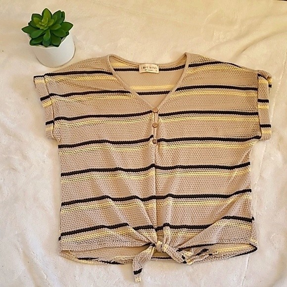 Tops - Love Wins waffle Knit woven striped Shirt With adjustable tie front size medium